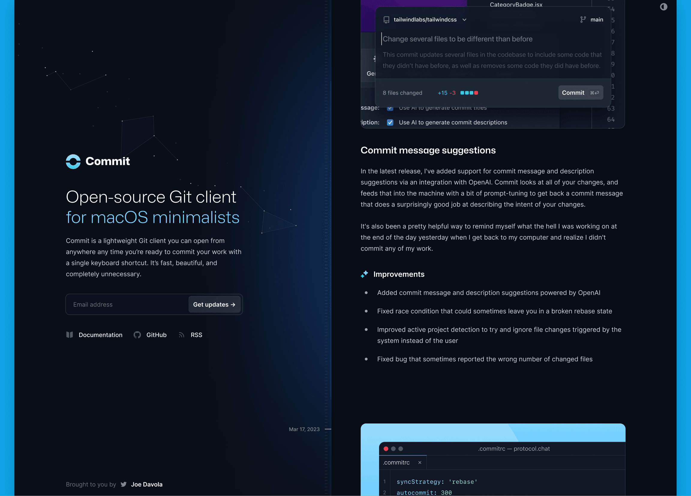 夜间模式下的 Commit 模板，部分滚动以显示第二篇文章
