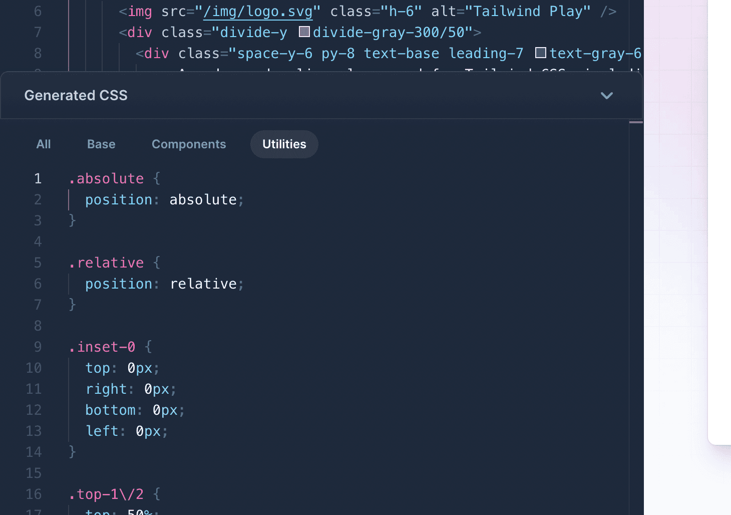 Tailwind Play 界面，带有显示该游乐场生成的 CSS 的面板。