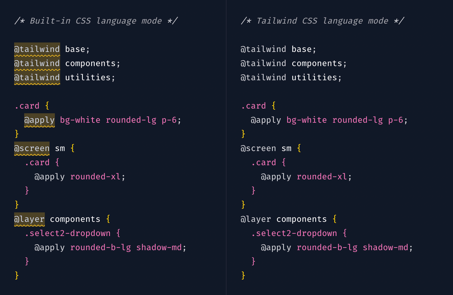 示例 CSS 代码，当使用内置的 CSS 语言模式时会显示 lint 警告，而使用 Tailwind CSS 语言模式时没有 lint 警告。