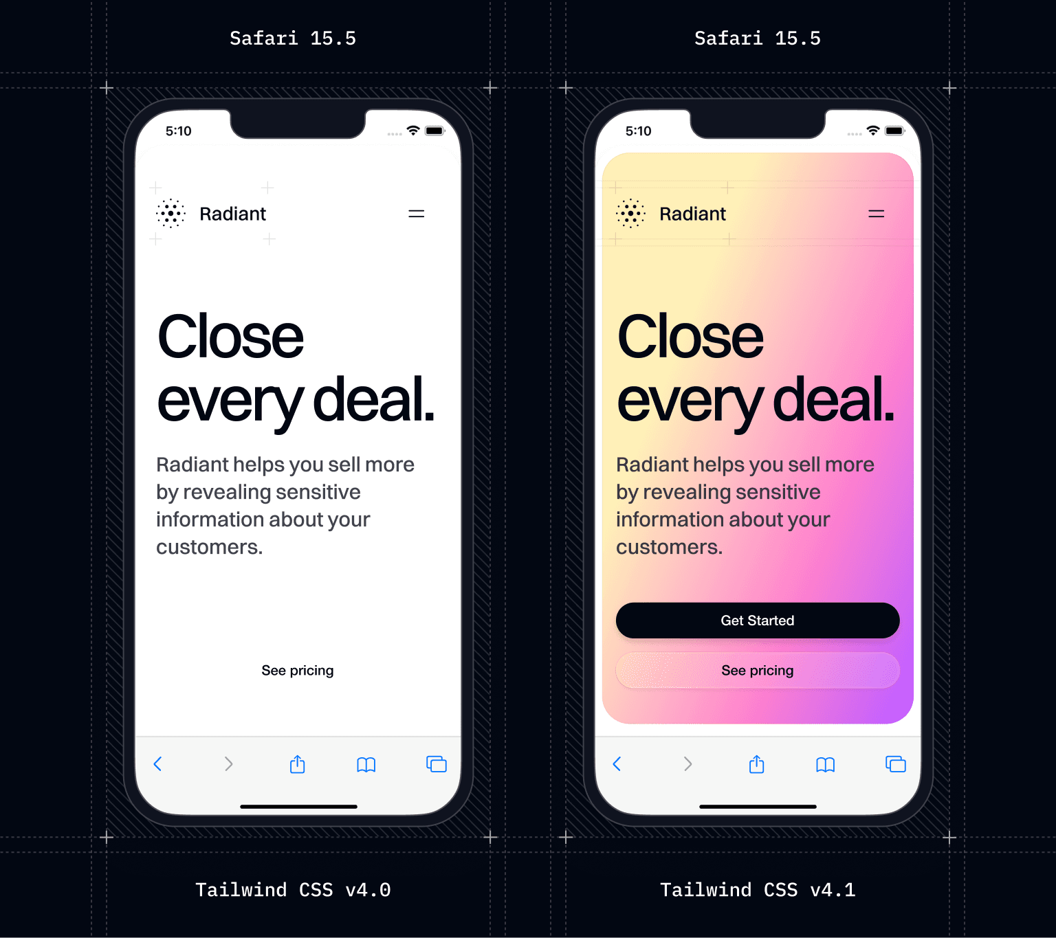 Tailwind CSS v4.0(左)与 Tailwind CSS v4.1(右)在 Safari 15.5 中的渲染比较。Tailwind CSS v4.0 未能渲染某些背景渐变,而现在在 Tailwind CSS v4.1 中可见。