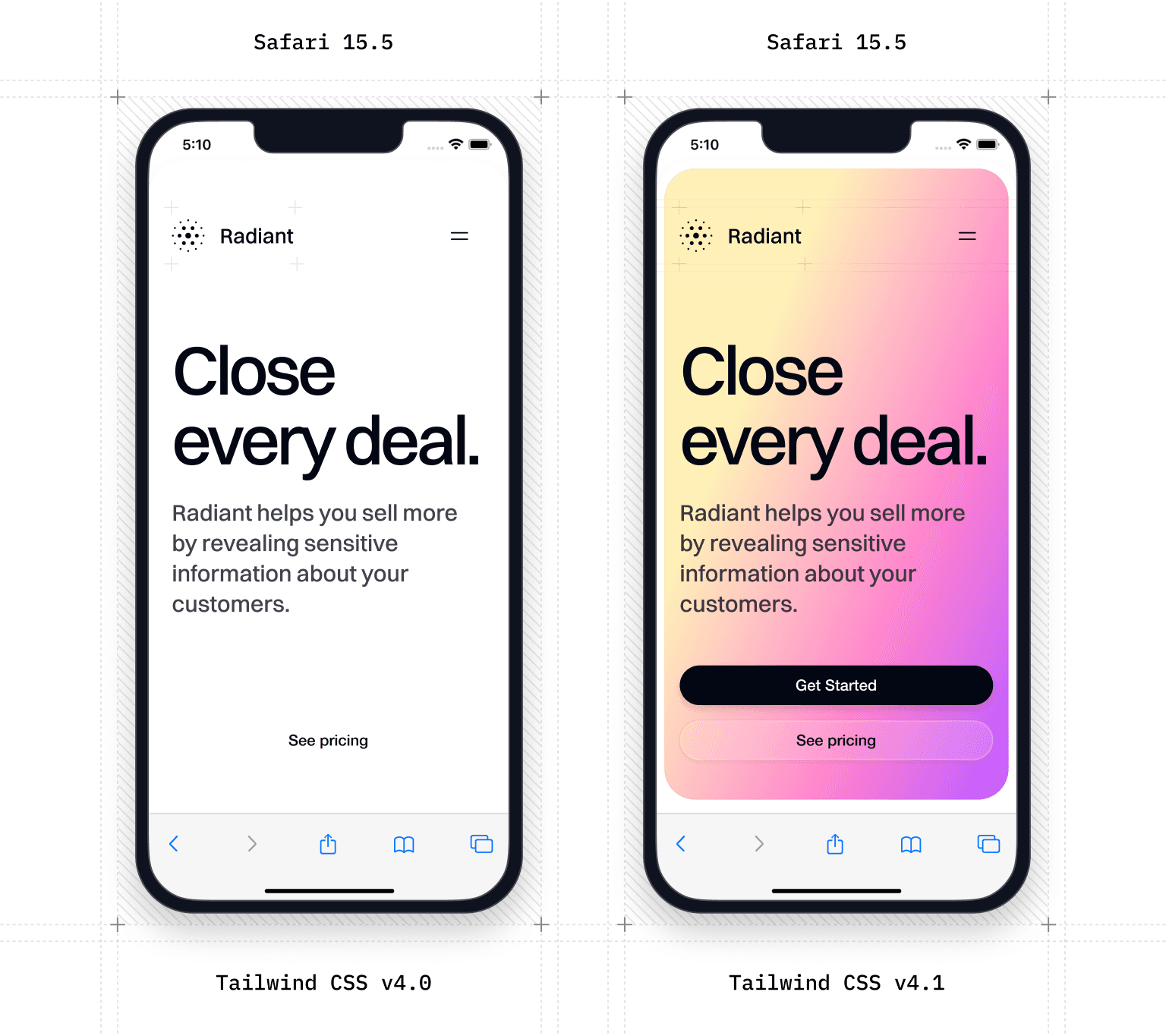 Tailwind CSS v4.0(左)与 Tailwind CSS v4.1(右)在 Safari 15.5 中的渲染比较。Tailwind CSS v4.0 未能渲染某些背景渐变,而现在在 Tailwind CSS v4.1 中可见。